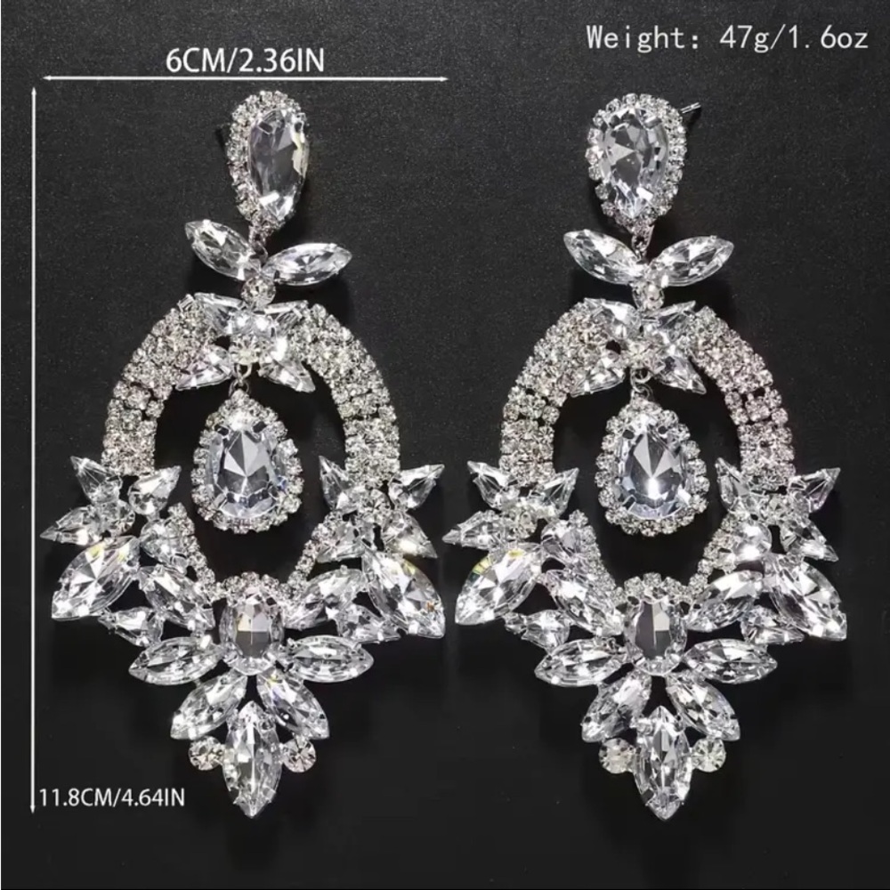 Silvery Exaggerated Full Shiny Rhinestone Inlaid Dangle Earrings Bohemian Luxury - Picture 2 of 10